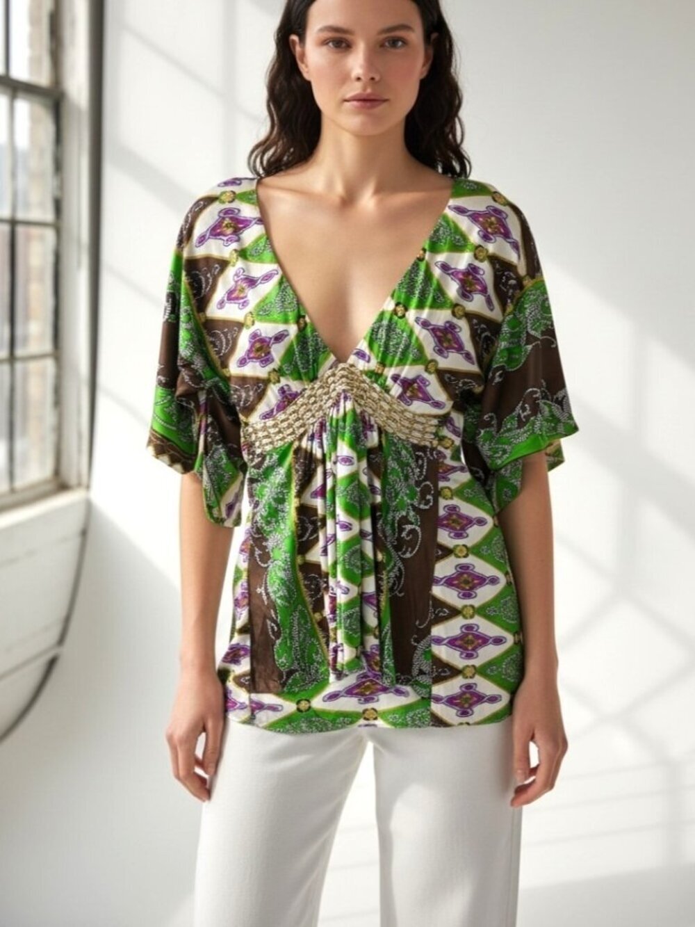 Y2K SKY 100% Silk Jersey Chain Detail Deep V Tunic Top Boho Festival Size M